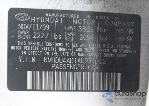2010 Hyundai Elantra Gls from USA, damaged, VIN KMHDU4AD1AU934012